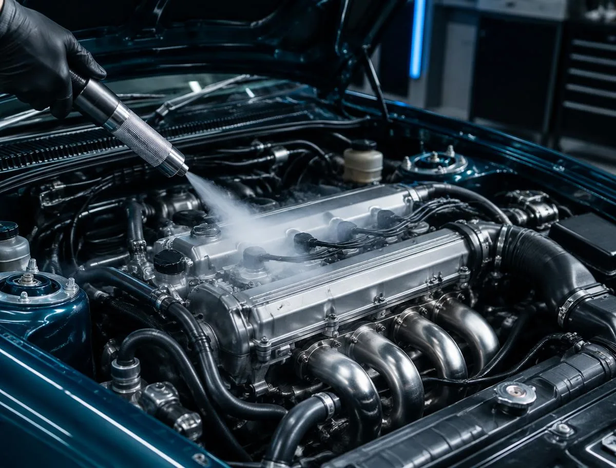 Dry ice blasting equipment cleaning a performance vehicle engine bay