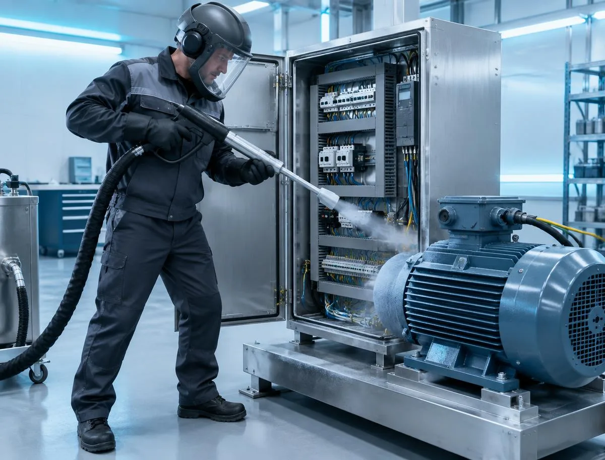 Specialist assessing an isolated electrical cabinet for controlled dry ice cleaning