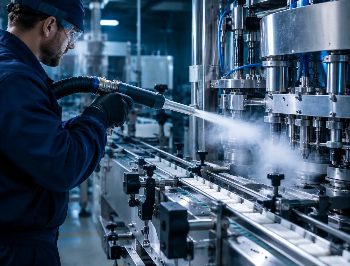 Dry ice cleaning production machinery and conveyor equipment in a factory