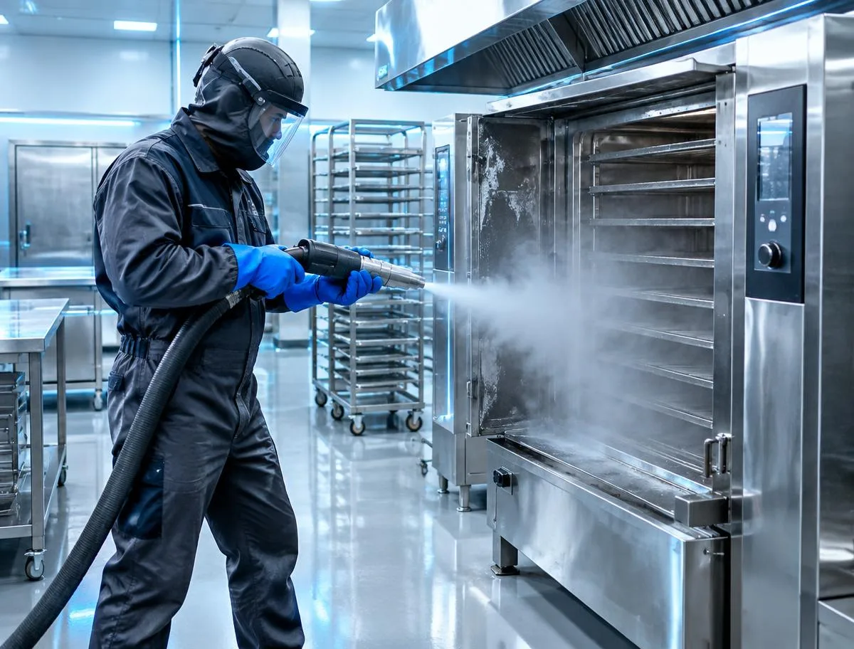 Dry ice blasting selected stainless-steel bakery oven equipment