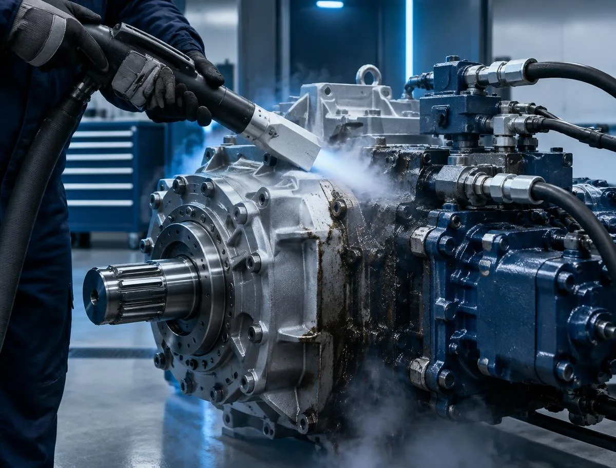 Dry ice cleaning removing grease from precision mechanical equipment