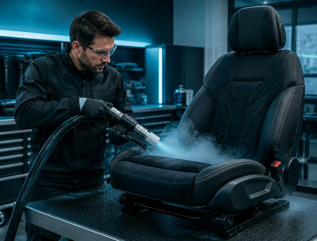 Specialist dry ice cleaning a removable vehicle seat in a workshop